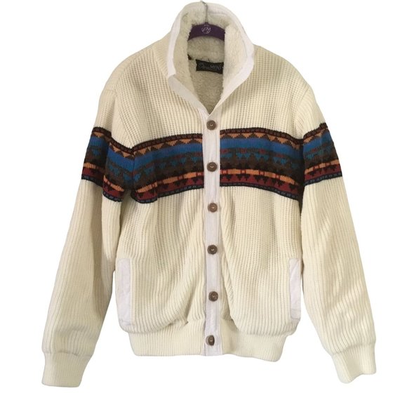 Vintage Other - Vintage Mariea Kim  Men Cable Knit Sherpa Lined Fair Isle Sweater Jacket